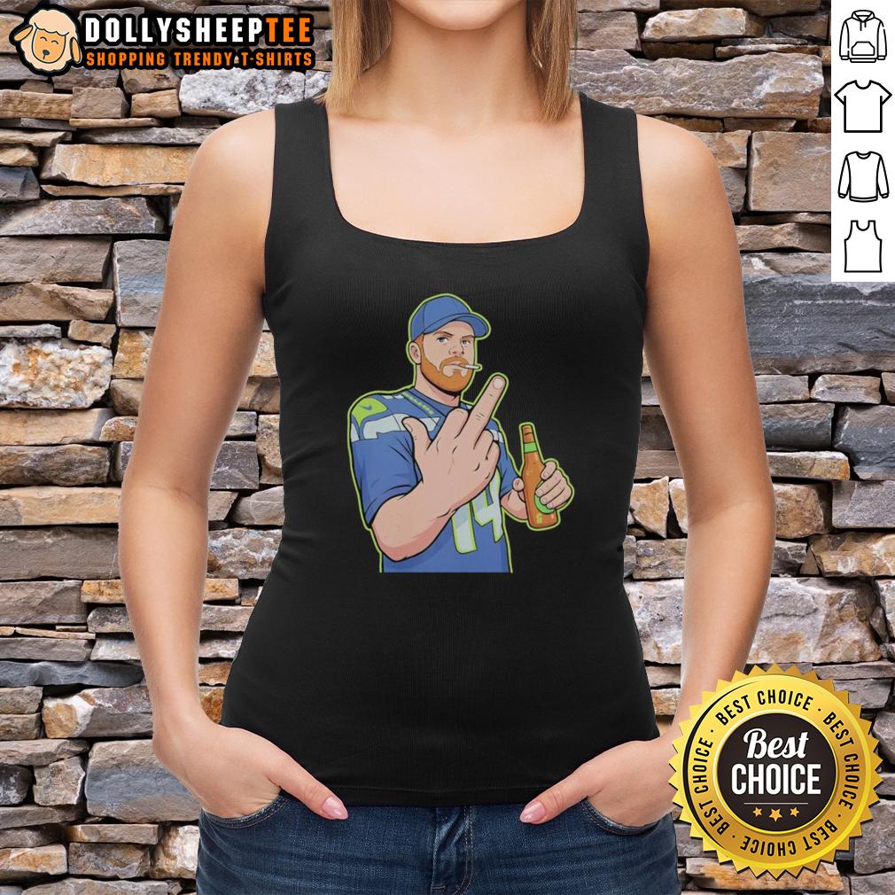 Awesome Cartoon Sam Darnold Flick Off Middle Finger Tank Top Awesome cartoon of Sam Darnold giving the middle finger, featured on a tank top design for sports fans and collectors.