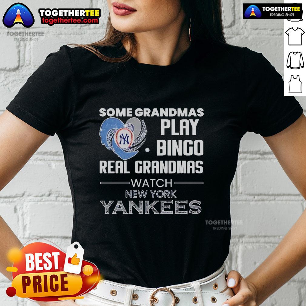 Awesome New York Yankees Some Grandmas Play Bingo Real Grandmas Watch Diamond Heart Shape Ladies-Tee Awesome New York Yankees ladies tee featuring a heart-shaped design perfect for grandmas who love bingo and baseball.