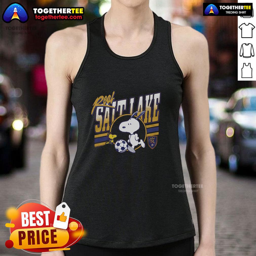 Awesome Peanuts Snoopy X Real Salt Lake Tank Top Alt Text: Awesome Peanuts Snoopy X Real Salt Lake tank top featuring vibrant graphics and a comfortable fit for fans.