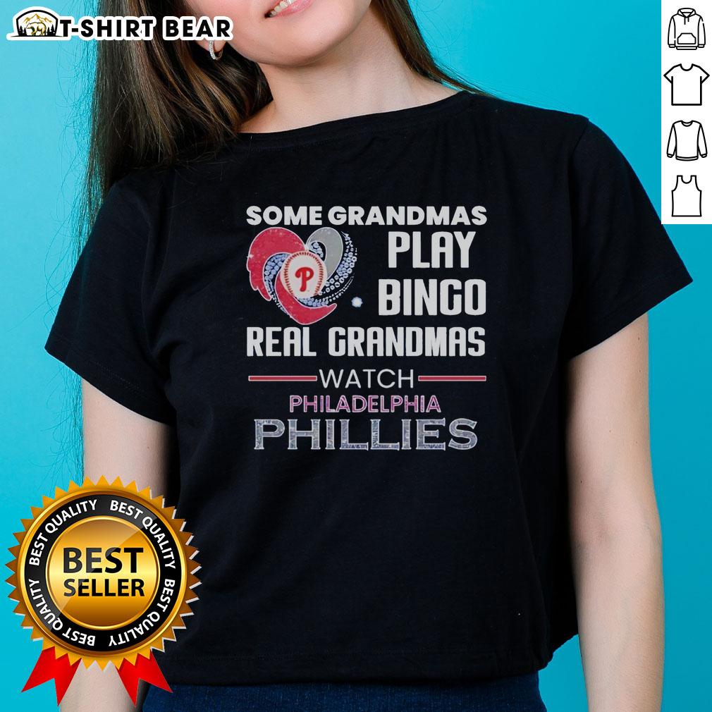 Awesome Philadelphia Phillies Some Grandmas Play Bingo Real Grandmas Watch Diamond Heart Shape Ladies-Tee Alt Text: Awesome Philadelphia Phillies heart-shaped ladies tee, perfect for grandmas who watch baseball and play bingo.