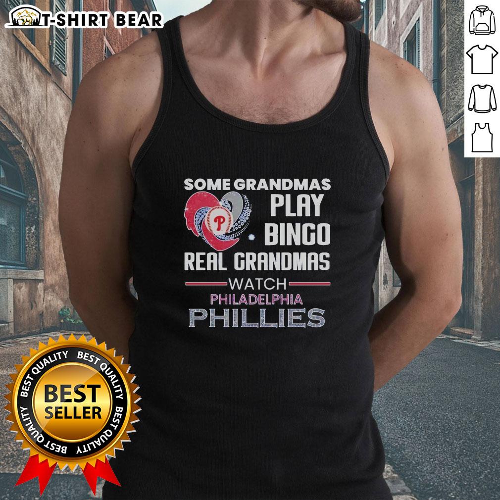 Awesome Philadelphia Phillies Some Grandmas Play Bingo Real Grandmas Watch Diamond Heart Shape Tank Top Grandma wearing an Awesome Philadelphia Phillies heart-shaped tank top, enjoying a game day with friends.