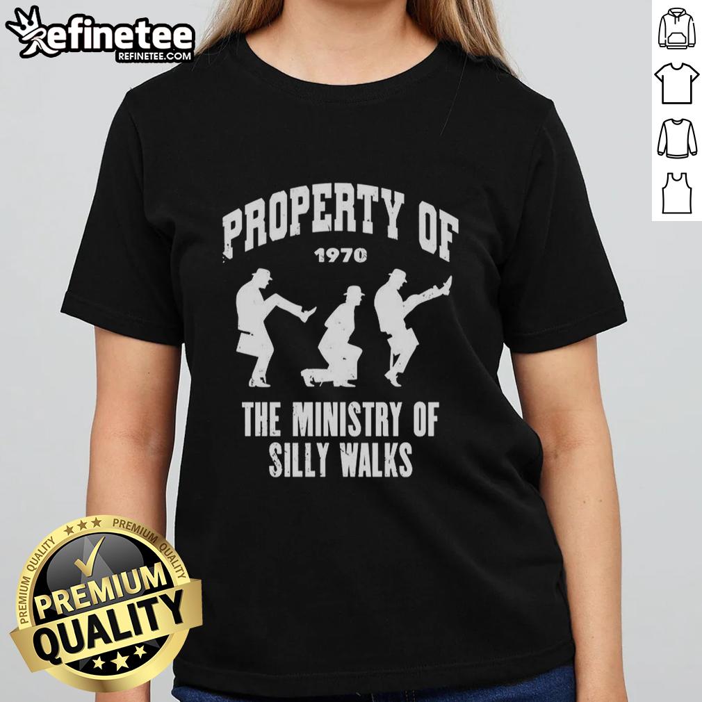 awesome-property-of-the-ministry-of-silly-walks-silhouette-1970-ladies-tee Silhouette of the Ministry of Silly Walks on a 1970 ladies tee, showcasing a unique and playful design.