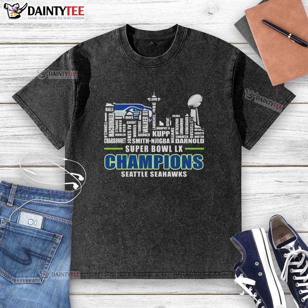 awesome-seattle-seahawks-super-bowl-lx-champions-2026-players-name-city-skyline-shape-washed-t-shirt Seattle Seahawks Super Bowl LX Champions 2026 washed t-shirt featuring players' names and city skyline design.