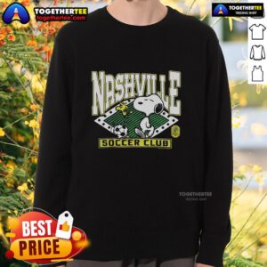 Alt Text: Awesome Peanuts Snoopy X Nashville SC sweatshirt featuring colorful graphics and cozy design for fans.