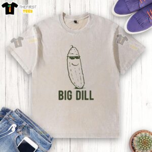 Nice big dill pickle graphic on a washed t-shirt, perfect for pickle lovers and casual wear enthusiasts.