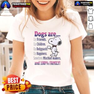 Cute Snoopy graphic tee for women, celebrating dogs as friends, bodyguards, and mischief makers in family happiness.