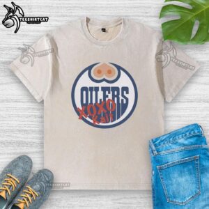 Official Edmonton Oilers Xoxo Kait Washed T-Shirt in blue, featuring team logo and stylish distressed design.