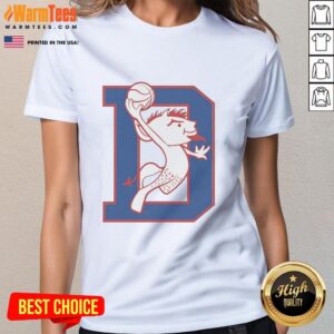 Original DePaul Blue Demons basketball dunking mascot on ladies tee, showcasing team spirit and style.