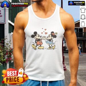 Good Two Hands One Heart Mickey Mouse Minnie Mouse tank top featuring vibrant graphics of the iconic Disney characters.