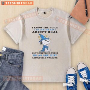 Cute Peanuts Snoopy shirt with quote 'I know the voice in my head arent real, but their ideas are awesome'.