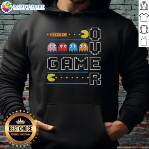 Top view of a Pac-Man themed hoodie featuring bright colors and iconic game graphics, perfect for gamers.