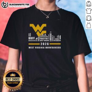 Pretty 2026 West Virginia Mountaineers ladies tee featuring city skyline and all names design, perfect for fans.