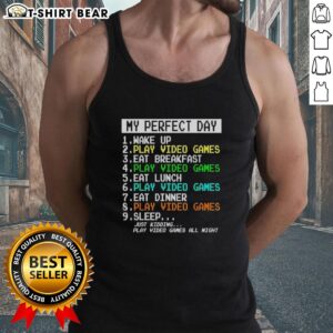 Retro tank top featuring 'My Perfect Day' design with video games and breakfast theme, perfect for casual gaming enthusiasts.