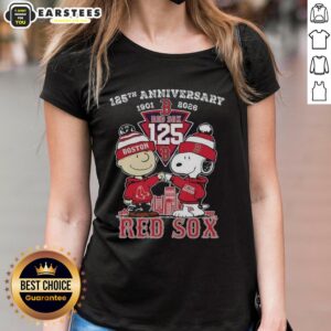 Alt Text: Ladies tee featuring Boston Red Sox, Charlie Brown, and Snoopy for the 125th anniversary 1901-2026.