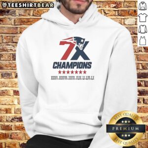 Alt Text: Official New England Patriots 7x Super Bowl Champions logo hoodie featuring team colors and emblem.
