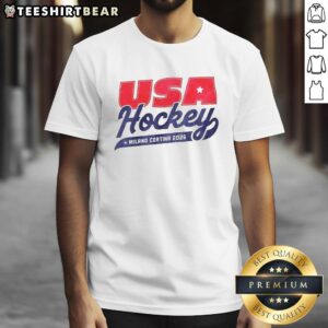 Alt Text: Top USA Hockey Milano Cortina 2026 Winter Olympic T-Shirt featuring vibrant design and official logo.