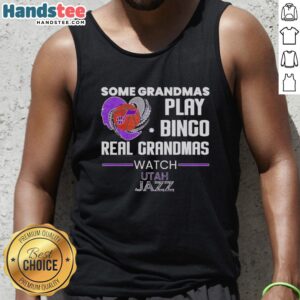 Grandmas enjoying Bingo while wearing a Utah Jazz tank top, showcasing the fun of Premium Some Grandmas Play Bingo.