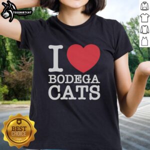 Top I Love Bodega Cats Ladies Tee featuring a playful cat design, perfect for feline enthusiasts and casual wear.