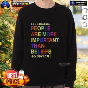 Alt Text: Hot People Are More Important Than Beliefs sweatshirt featuring bold text design on a casual wear background.