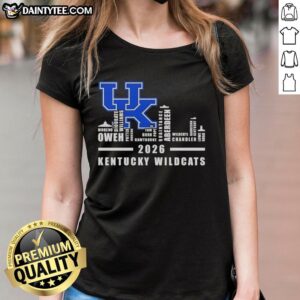 Alt Text: 2026 Kentucky Wildcats ladies tee featuring all names and a city skyline design, perfect for fans and stylish wear.