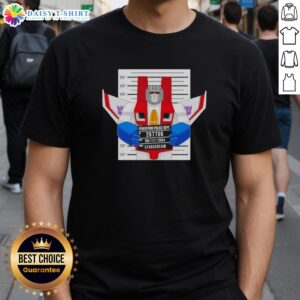 Official Starscream Cybertron Police Dept Mugshot T-Shirt featuring a bold graphic of Starscream in a mugshot style.