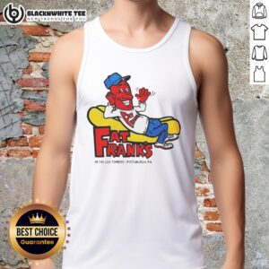 Good Fat Frank's Hot Dogs tank top featuring vibrant design, perfect for fans in Pittsburgh, PA enjoying summer vibes.
