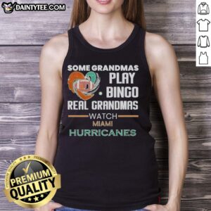 Real grandmas in Miami Hurricanes tank tops enjoying a fun game of bingo together, showcasing their awesome spirit.