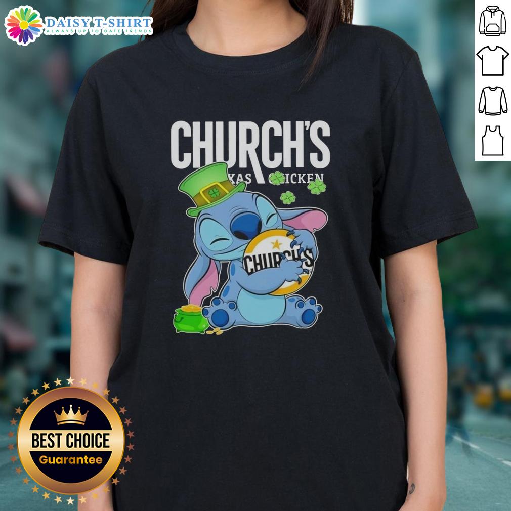 Cute Stitch Hug Churchs Chicken Logo Happy Patrick'S Day Ladies Tee Happy St. Patrick's Day ladies tee featuring a cute Stitch hug with Church's Chicken logo design.