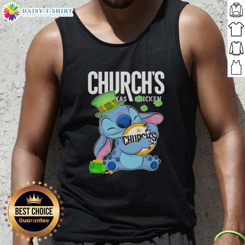Cute Stitch Hug Churchs Chicken Logo Happy Patrick'S Day Tank Top Cute Stitch hugging Church's Chicken logo on a Happy St. Patrick's Day tank top for festive celebrations.