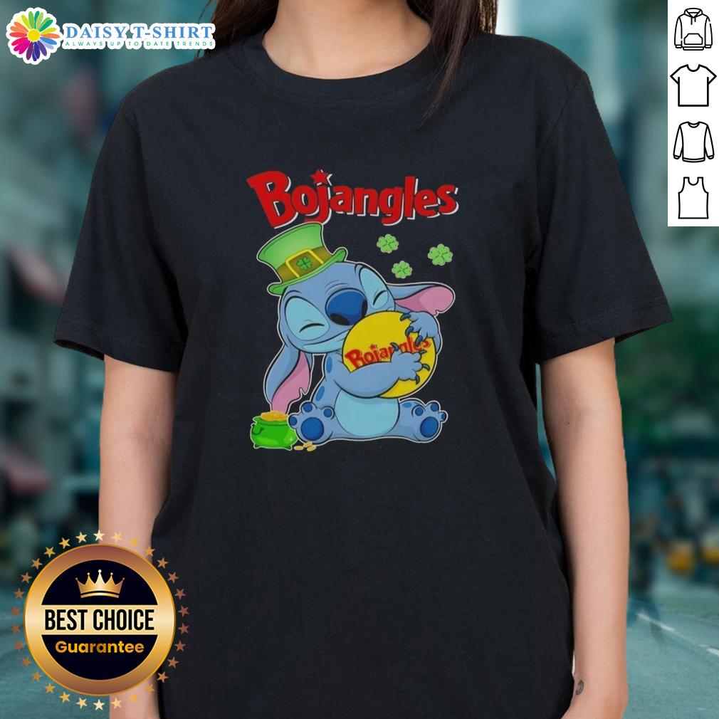Cute Stitch Hug The Bojangles Logo Happy Patrick'S Day Ladies Tee Alt Text: Cute Stitch hugging the Bojangles logo on a Happy St. Patrick's Day ladies tee shirt design.