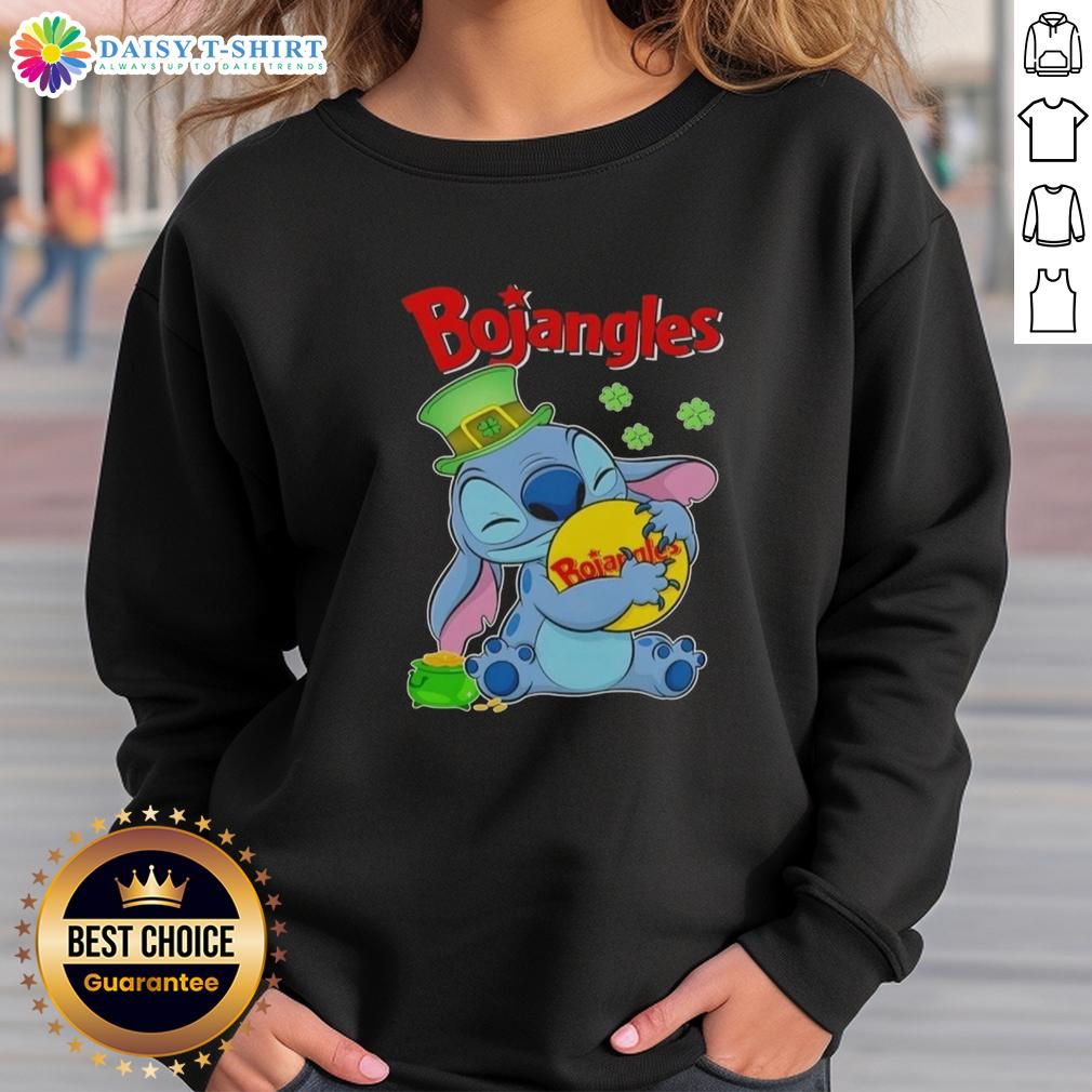 Cute Stitch Hug The Bojangles Logo Happy Patrick'S Day Sweatshirt Alt Text: Cute Stitch hugging the Bojangles logo on a Happy St. Patrick's Day sweatshirt, perfect for festive celebrations.