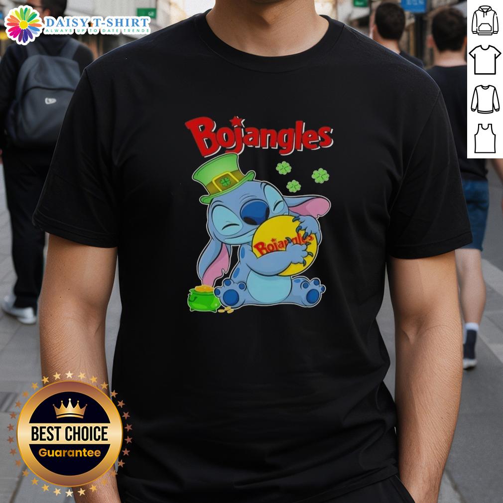 Cute Stitch Hug The Bojangles Logo Happy Patrick'S Day T Shirt Alt Text: Cute Stitch hugging the Bojangles logo on a Happy St. Patrick's Day T-shirt design for festive celebrations.