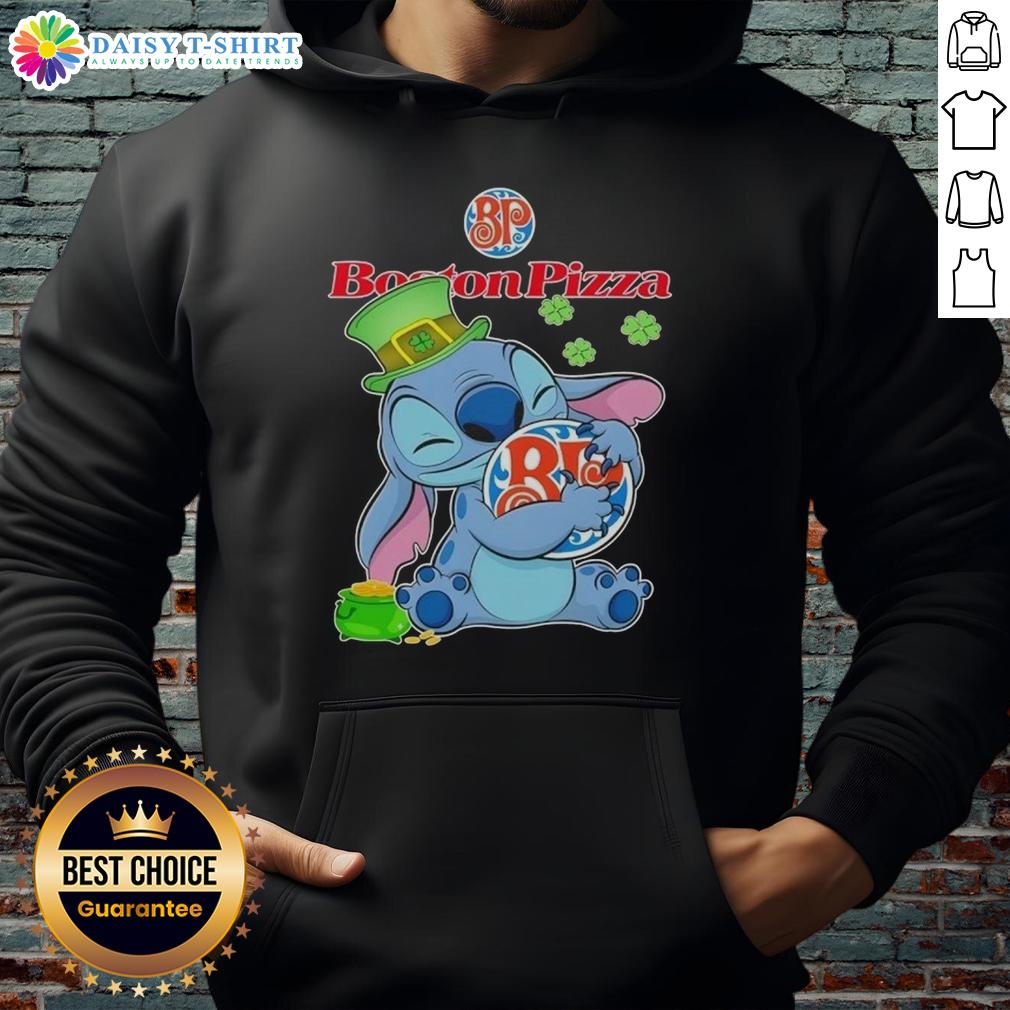 Cute Stitch Hug The Boston Pizza Logo Happy Patrick'S Day Hoodie Alt Text: Cute Stitch hugs the Boston Pizza logo on a Happy St. Patrick's Day hoodie, perfect for festive celebrations.