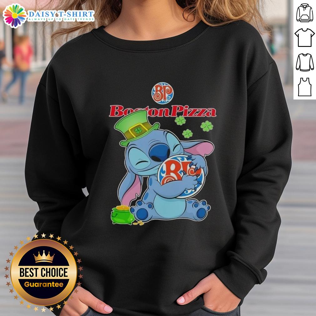 Cute Stitch Hug The Boston Pizza Logo Happy Patrick'S Day Sweatshirt Cute Stitch hugs the Boston Pizza logo on a Happy St. Patrick's Day sweatshirt, perfect for festive celebrations.