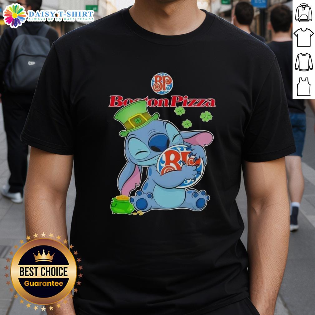 Cute Stitch Hug The Boston Pizza Logo Happy Patrick'S Day T Shirt Alt Text: Cute Stitch hugging the Boston Pizza logo on a Happy St. Patrick's Day T-shirt, perfect for festive celebrations.