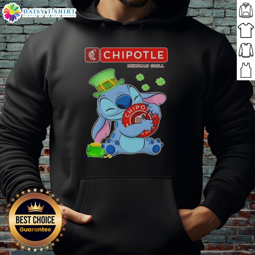 Cute Stitch Hug The Chipotle Mexican Grill Logo Happy Patrick'S Day Hoodie Alt Text: Cute Stitch hugging the Chipotle Mexican Grill logo on a Happy St. Patrick's Day hoodie design.