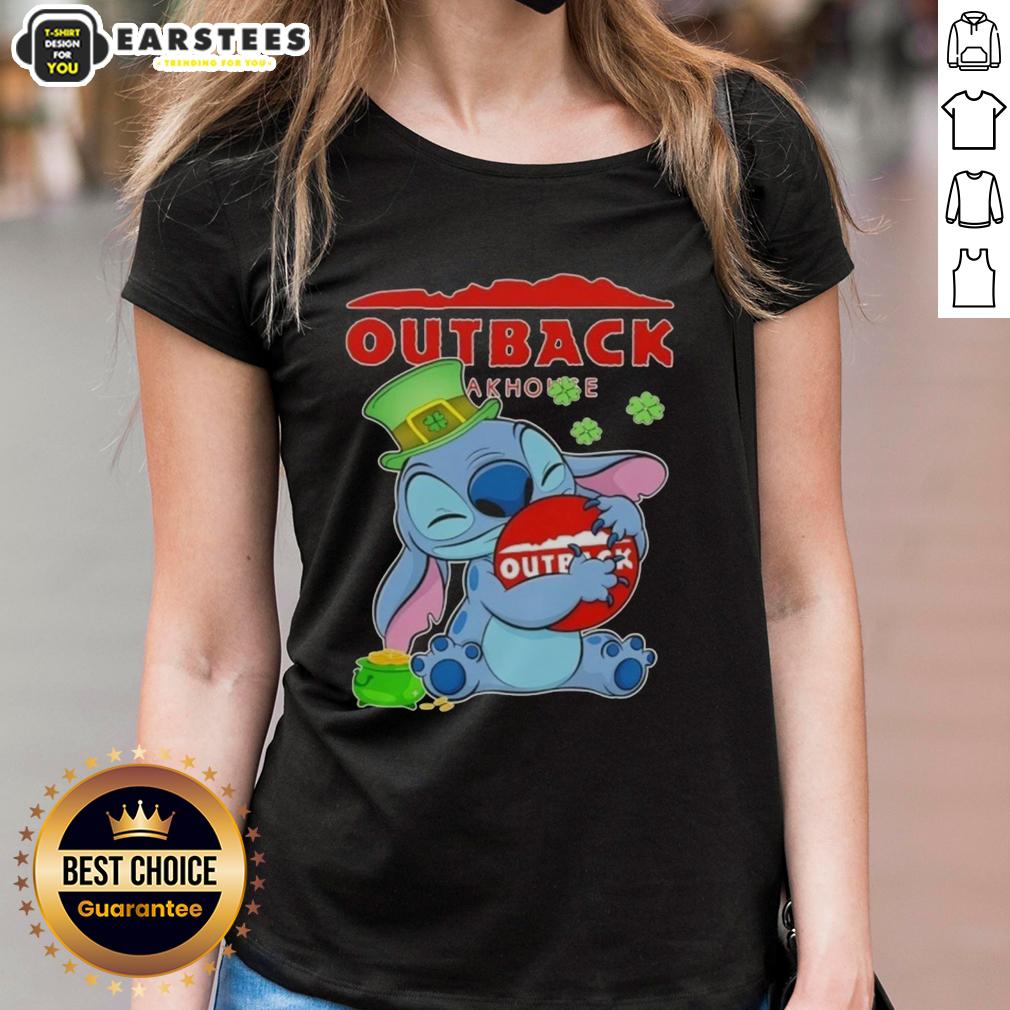 cute-stitch-hug-the-outback-steakhouse-logo-happy-patricks-day-ladies-tee Alt Text: Cute Stitch hugging Outback Steakhouse logo on a Happy St. Patrick's Day ladies tee shirt design.