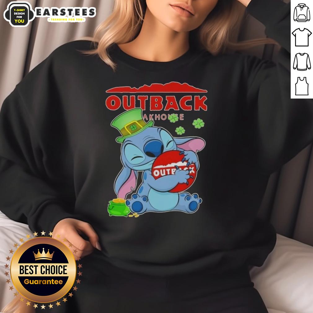 cute-stitch-hug-the-outback-steakhouse-logo-happy-patricks-day-sweatshirt Cute Stitch hugging Outback Steakhouse logo on a Happy St. Patrick's Day sweatshirt design.