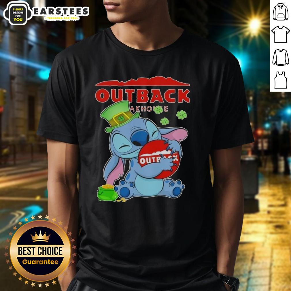 cute-stitch-hug-the-outback-steakhouse-logo-happy-patricks-day-t-shirt Alt Text: Cute Stitch hugging Outback Steakhouse logo on a Happy St. Patrick's Day t-shirt, perfect for festive celebrations.
