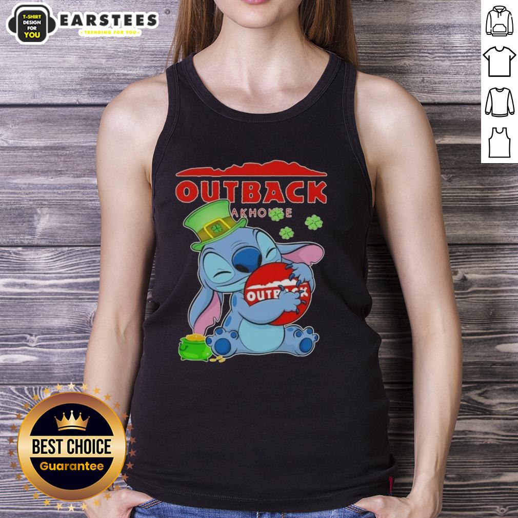 cute-stitch-hug-the-outback-steakhouse-logo-happy-patricks-day-tank-top Alt Text: Cute Stitch hugging the Outback Steakhouse logo on a Happy St. Patrick's Day tank top design.