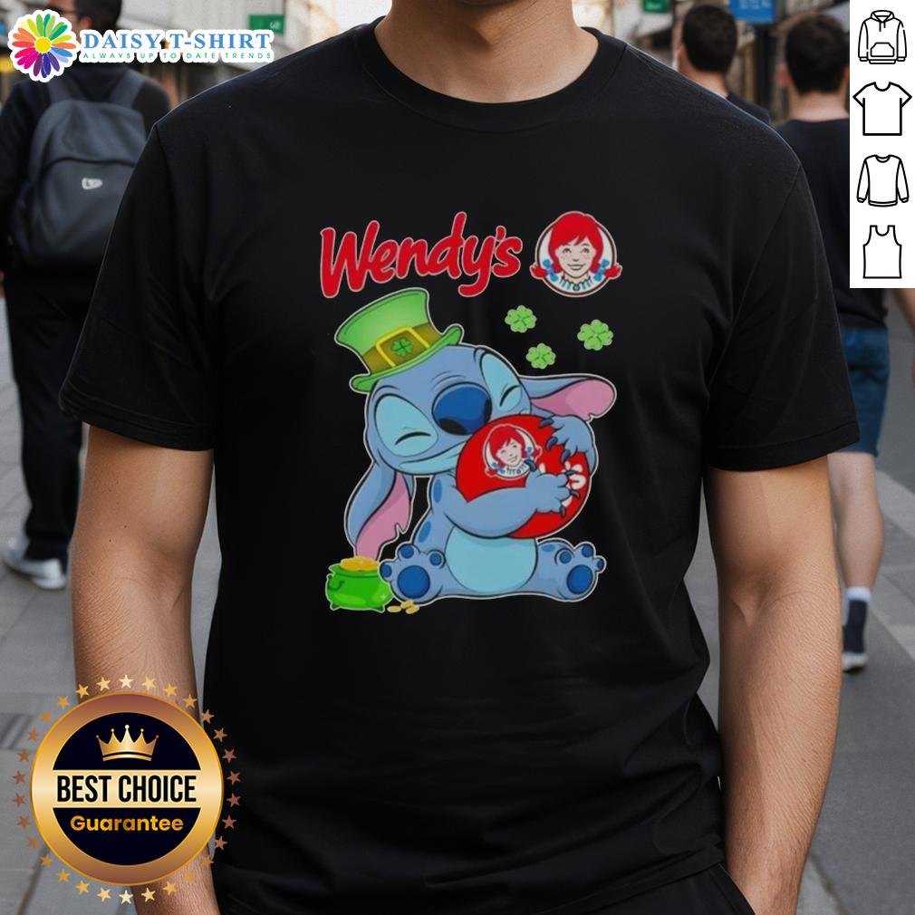 Cute Stitch With St Patricks Hug Wendy'S Logo T Shirt Alt Text: Cute Stitch character hugging Wendy's logo on a St. Patrick's Day themed t-shirt design, perfect for festive celebrations.