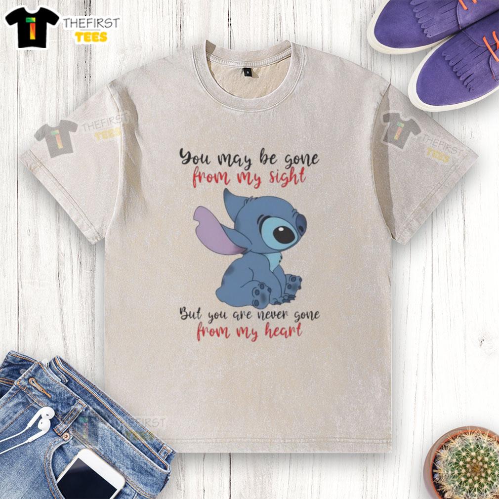cute-stitch-you-may-be-gone-from-my-sight-but-you-are-never-gone-from-my-heart-washed-t-shirt Alt text for image: Cute Stitch 'You May Be Gone From My Sight, But You Are Never Gone From My Heart' washed t-shirt design.
