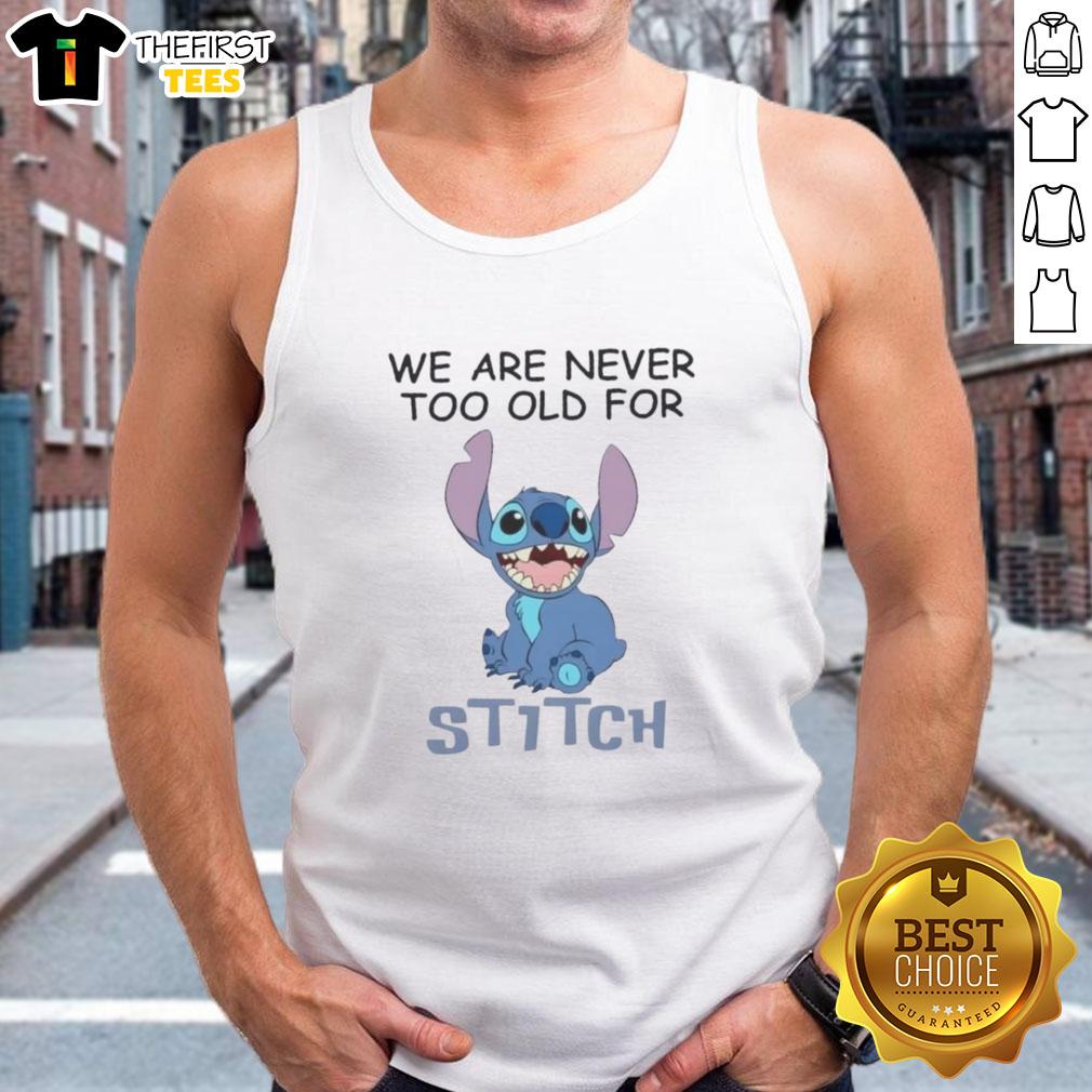 cute-we-are-never-too-old-for-stitch-cartoon-tank-top Cute We Are Never Too Old For Stitch Cartoon Tank Top featuring colorful stitch design on a casual tank.