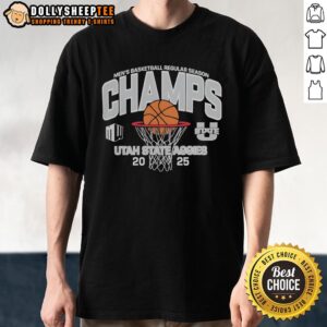 Original Utah State Aggies Men's Basketball 2025 Mountain West Champions T-Shirt showcasing team pride and victory.