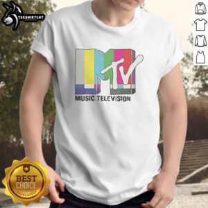 Alt Text: Official MTV Music Television static classic logo T-shirt featuring the iconic logo in vibrant colors on a black background.