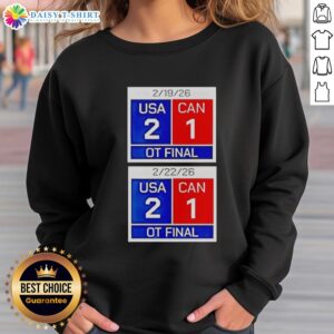 Alt Text: USA vs Canada hockey scoreboard on sweatshirt, final score 2-1 in overtime, 2026 match representation.