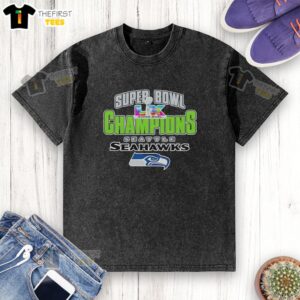Alt Text: Official Seattle Seahawks Super Bowl XLVIII Champions 2026 logo on a washed t-shirt, perfect for fans and collectors.