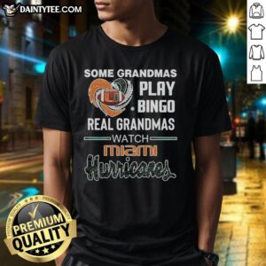 Awesome t-shirt featuring 'Real Grandmas Watch Miami Hurricanes' with a heart and diamond design, perfect for bingo lovers.