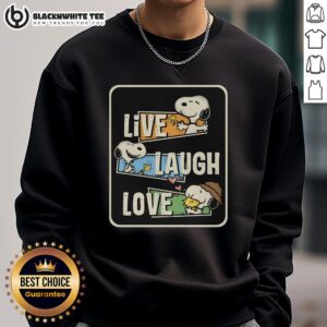 Alt Text: Cute Snoopy loves to live and laugh sweatshirt featuring vibrant colors and playful design, perfect for fans.