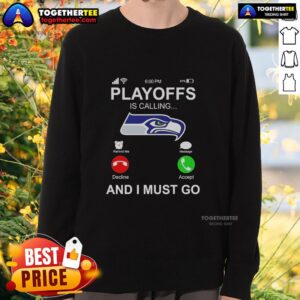 Alt Text: Official Seattle Seahawks Playoffs sweatshirt featuring bold graphics, perfect for game day and showing team spirit.